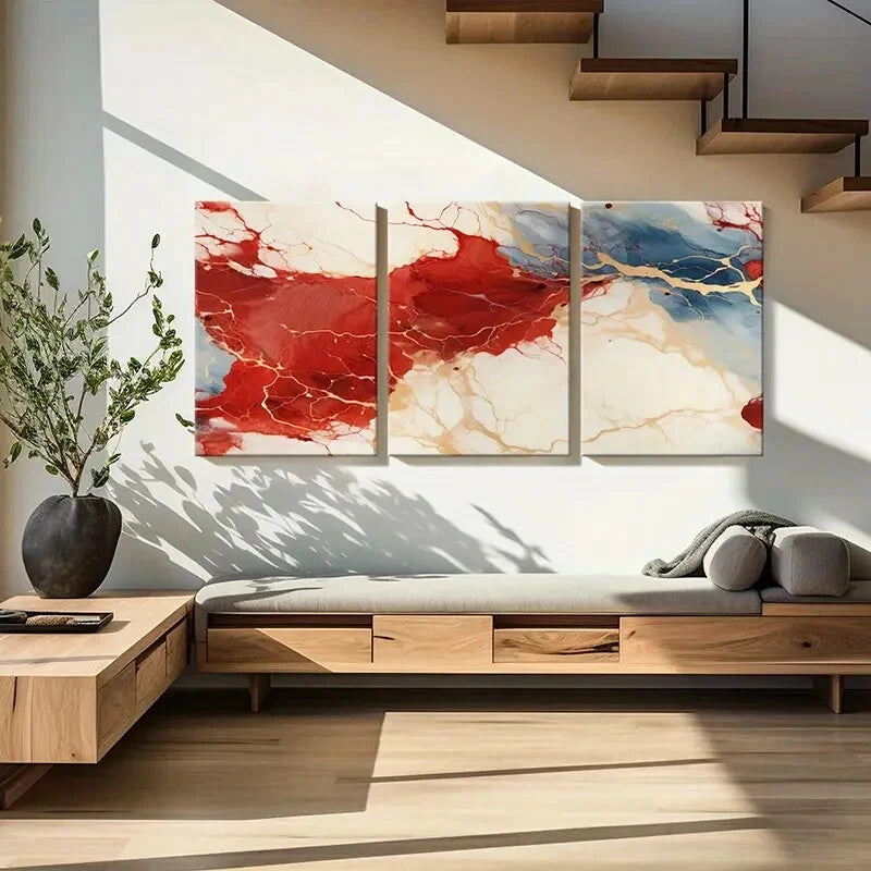 3pcs Red Blue White Golden Veins Marble Texture Metal Print Ready to Hang Art - Bella Home Decor