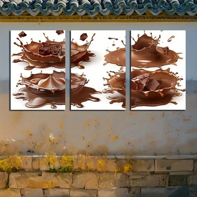 3pcs Chocolate Splash in White Background Metal Print Ready to Hang Art - Bella Home Decor