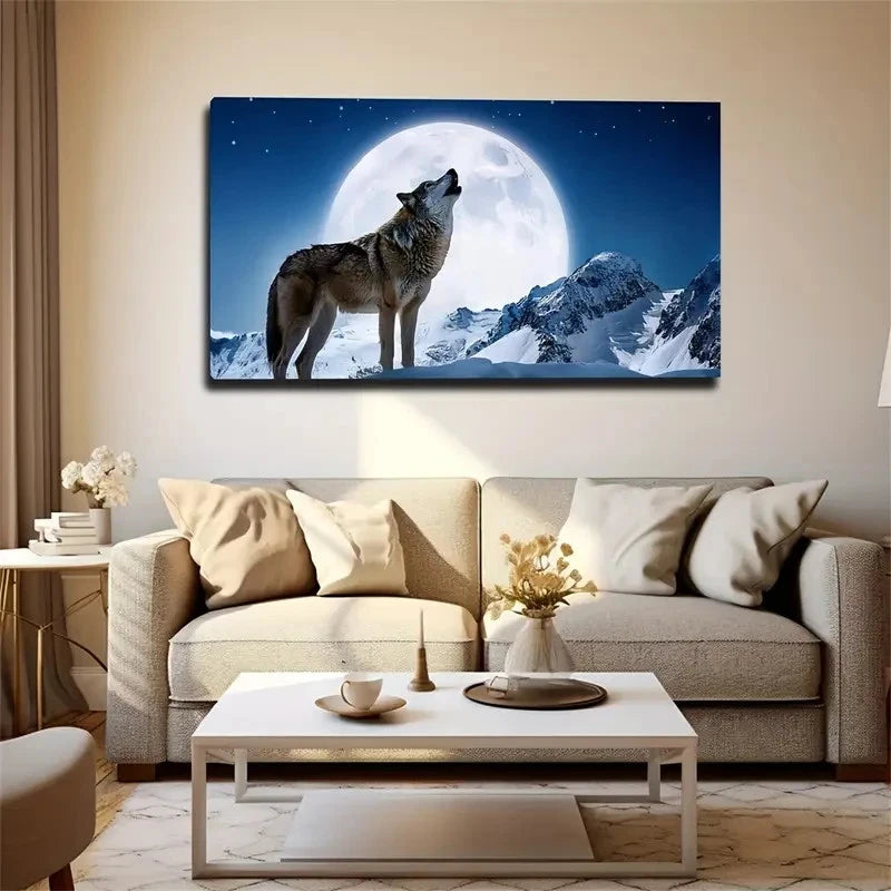 Moonlit Snow Wolf Wall Art Canvas Office Home Room Framed 120x60cm