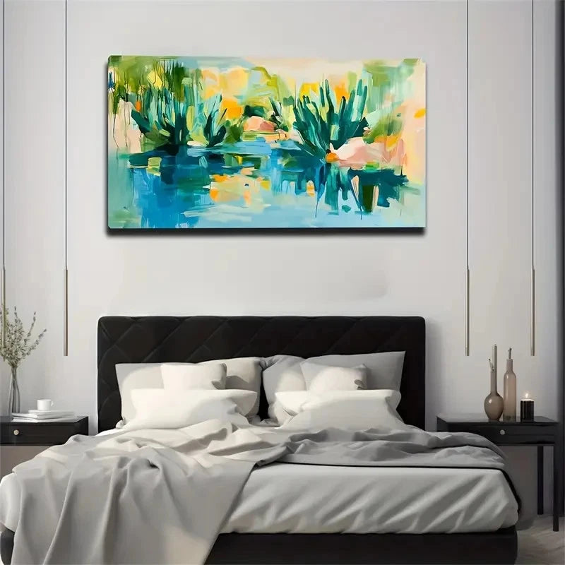 Abstract Pondside Vibrant Water Wall Art Canvas Office Home Room Framed 120x60cm
