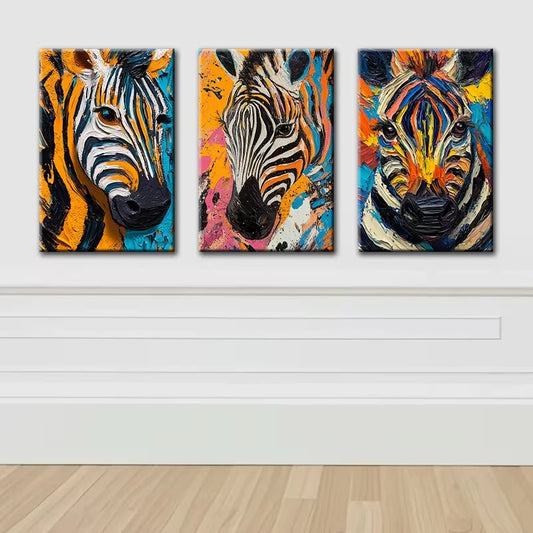 3pcs A vibrant zebra Illustration Wall Art Set Canvas Framed 50x70cm - High Quality Print 100% Australian Made Wall Canvas Ready to Hang