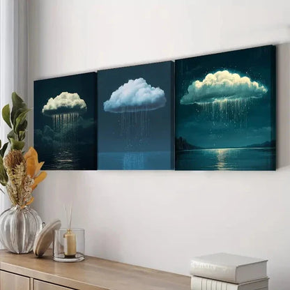 3pcs Featuring a Solitary Cloud with Rain Dark Wall Art Set Canvas Unframed - High Quality Print 100% Australian Made Wall Canvas