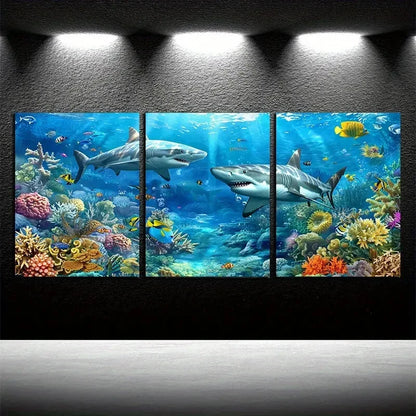 3pcs Underwater Sharks and Coral Reefs Design Metal Print Ready to Hang Art - Bella Home Decor