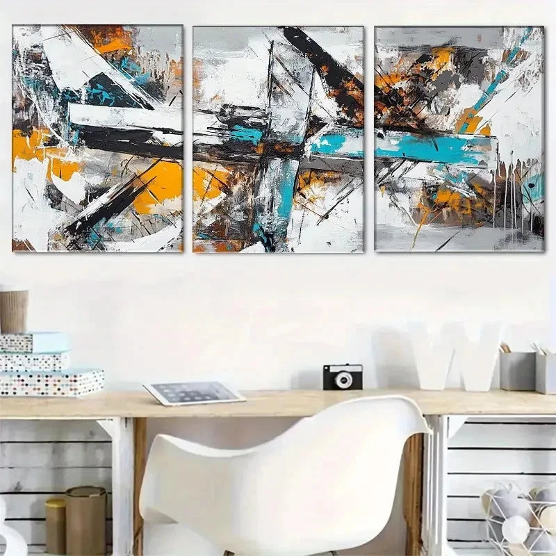 3pcs Bold Brushstrokes in Black White Orange Metal Print Ready to Hang Art - Bella Home Decor