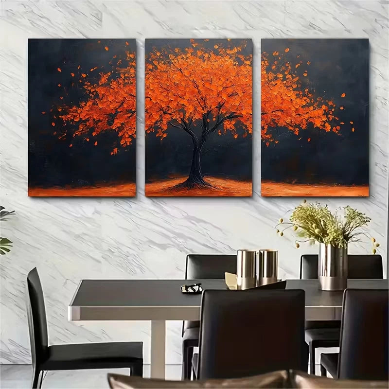 3pcs Abstract Orange Tree Metal Print Ready to Hang Art - Bella Home Decor