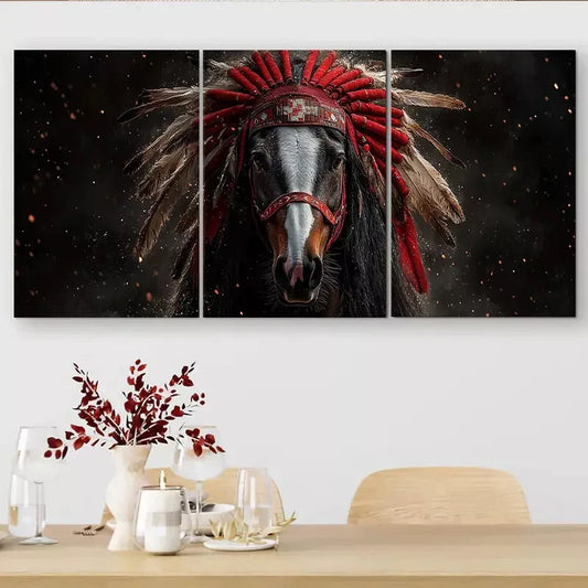 3pcs Majestic Black Horse & Feather Headdress Wall Art Set Canvas Framed 50x70cm - High Quality Print 100% Australian Made Wall Canvas Ready to Hang