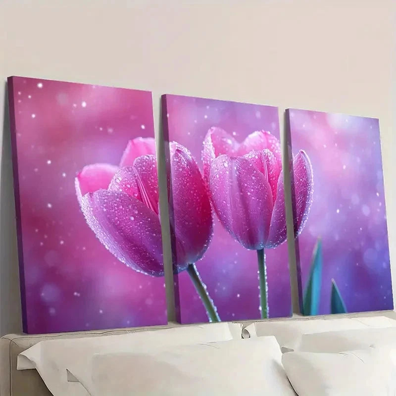 3pcs  Pink Purple Tulip Flower TO   Wall  Art Set Canvas Framed 60x90cm - High Quality Print 100% Australian Made Wall Canvas Ready to Hang - Bella Home Decor