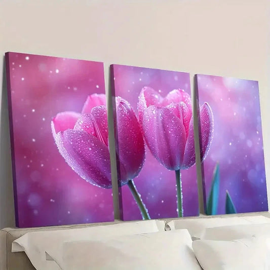 3pcs Pink Purple Tulip Flower TO Wall Art Set Canvas Framed 60x90cm - High Quality Print 100% Australian Made Wall Canvas Ready to Hang