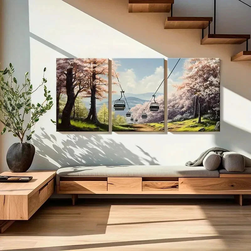 3pcs Sakura Cable Car Mountain View Forest Metal Print Ready to Hang Art - Bella Home Decor