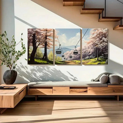 3pcs Sakura Cable Car Mountain View Forest Metal Print Ready to Hang Art - Bella Home Decor