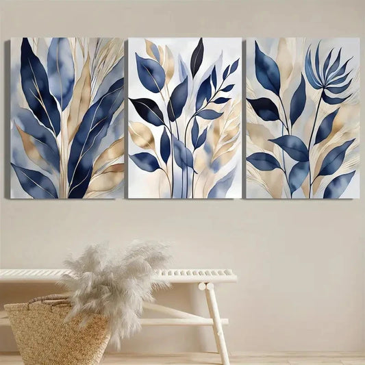 3pcs Blue Botanical Blue Leaf Prints Wall Art Set Canvas Framed 50x70cm - High Quality Print 100% Australian Made Wall Canvas Ready to Hang
