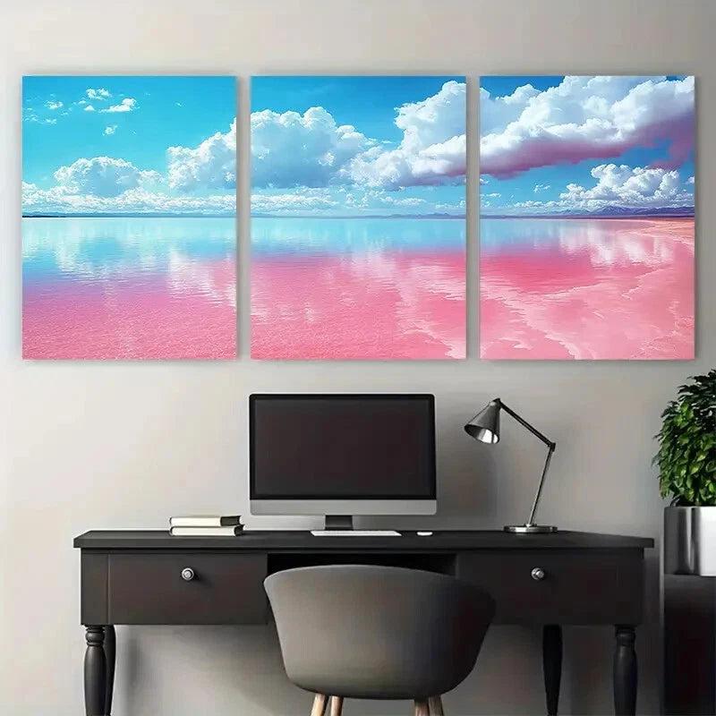 3pcs Vibrant Pink Salt Lake Illustration Metal Print Ready to Hang Art - Bella Home Decor