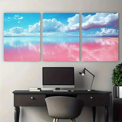 3pcs Vibrant Pink Salt Lake Illustration Metal Print Ready to Hang Art - Bella Home Decor