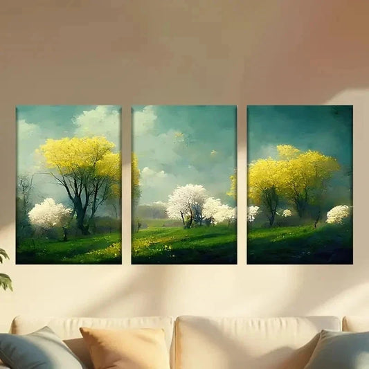 3pcs A Painting of Trees in Middle of a Field Wall Art Set Canvas Framed 50x70cm - High Quality Print 100% Australian Made Wall Canvas Ready to Hang