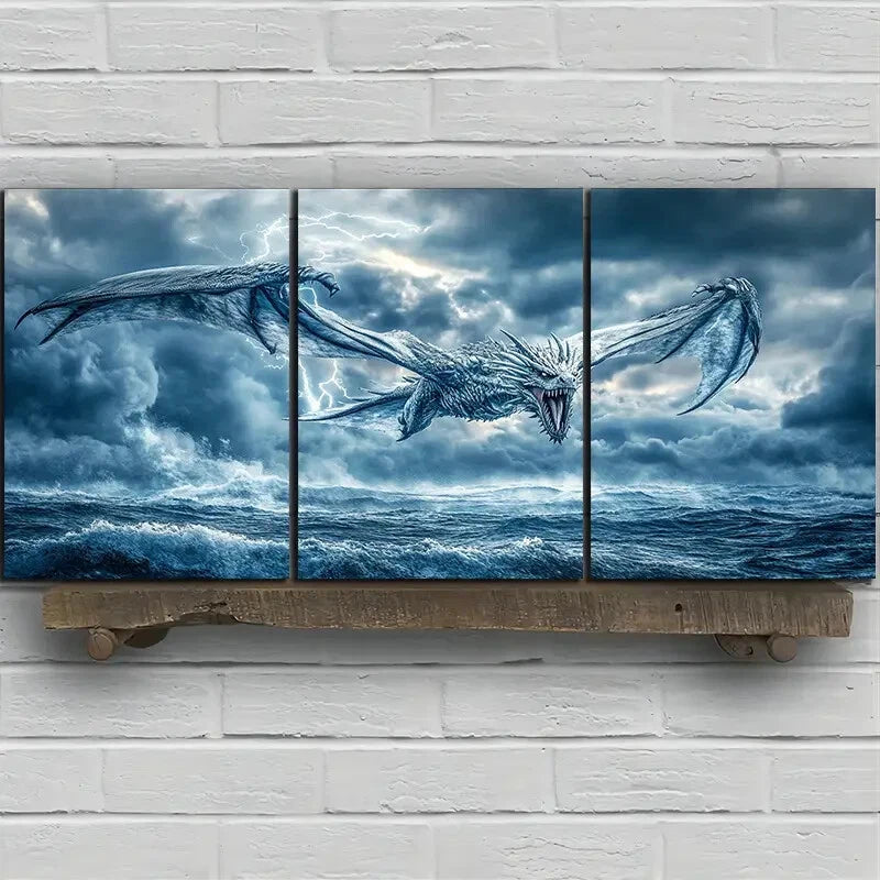 3pcs The Dragon on the Sea Water Metal Print Ready to Hang Art - Bella Home Decor