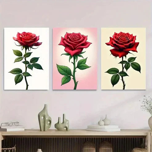3pcs Red Rose Triptych Classic & Glam Style Wall Art Set Canvas Unframed - High Quality Print 100% Australian Made Wall Canvas
