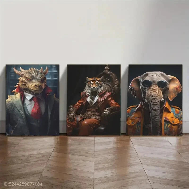 3pcs Modern Dragon Tiger & Elephant Portraits Metal Print Ready to Hang Art