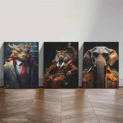 3pcs Modern Dragon Tiger & Elephant Portraits Metal Print Ready to Hang Art