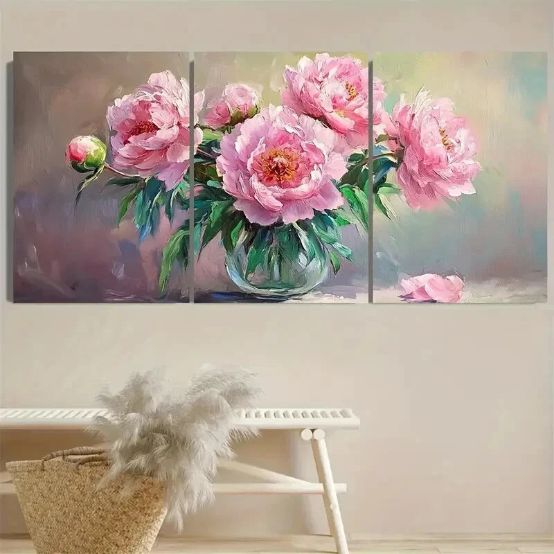 3pcs Still Life Pink Peonies In Vase Illustration Metal Print Ready to Hang Art - Bella Home Decor