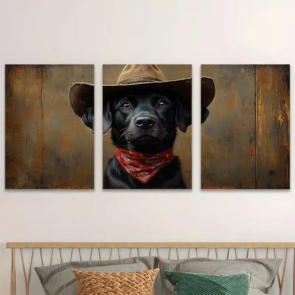 3pcs Western Cowboy Black Labrador  Wall Art Set Canvas Framed 50x70cm - High Quality Print 100% Australian Made Wall Canvas Ready to Hang