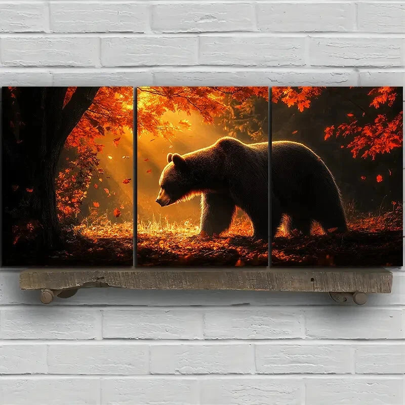 3pcs Bears in the Forest Red Leaves Metal Print Ready to Hang Art - Bella Home Decor