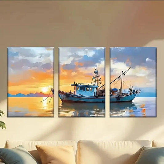 3pcs Sunset Boat Scene with Serene Water Reflect Wall Art Set Canvas Framed 50x70cm - High Quality Print 100% Australian Made Wall Canvas Ready to Hang