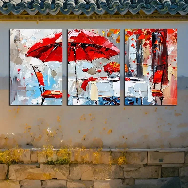 3pcs Vibrant Red Umbrella Illustration Metal Print Ready to Hang Art - Bella Home Decor