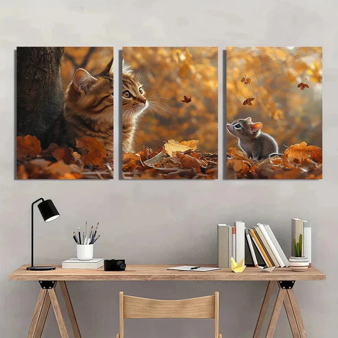 3pcs Autumn Cat and Mouse Scene Wall Art Canvas Unframed - High Quality Print 100% Australian Made Wall Canvas - Bella Home Decor