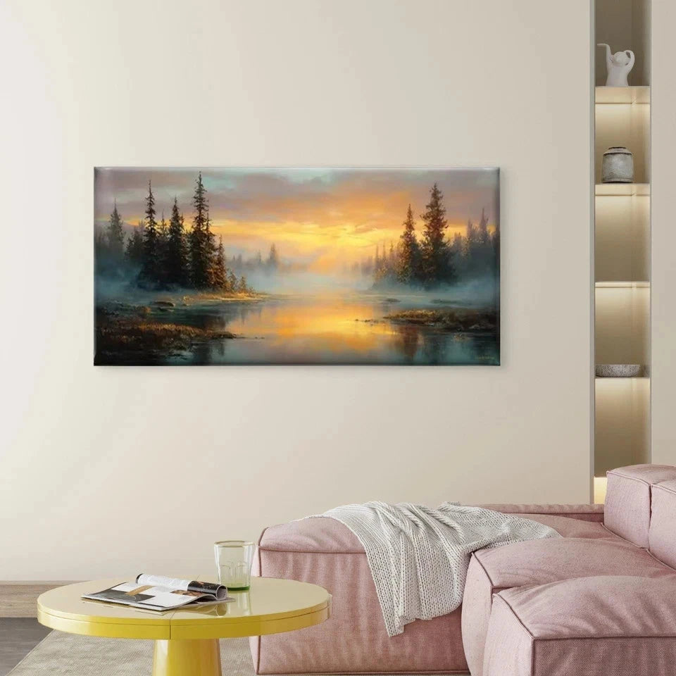 Golden Sunlight & Pine Trees Wall Art Canvas Office Home Room Framed 120x60cm