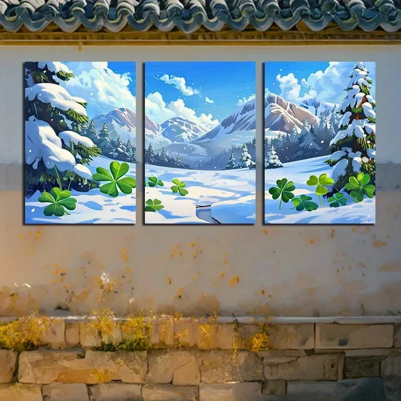 3pcs Vibrant Charming Clover Winter Scene Metal Print Ready to Hang Art - Bella Home Decor