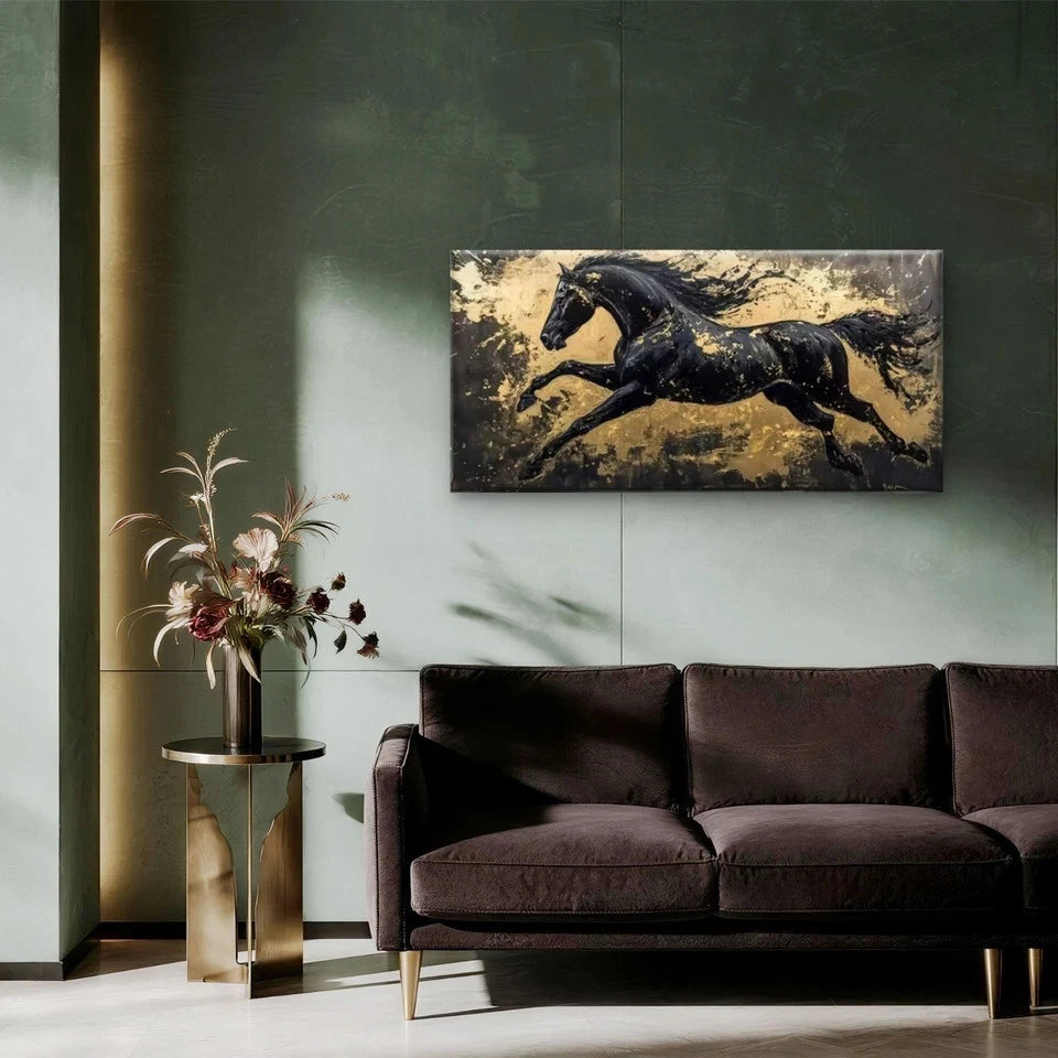 Abstract Horse Black, Golden Wall Art Canvas Office Home Room Framed 120x60cm