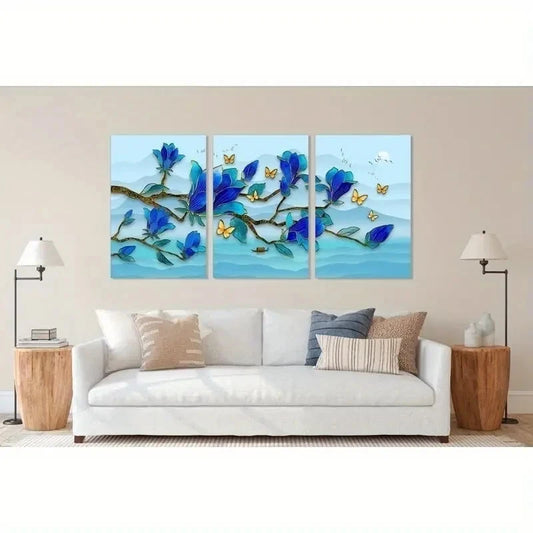 3pcs Blue & Yellow Magnolias BYM Wall Art Canvas Framed 60x90cm - High Quality Print 100% Australian Made Wall Canvas Ready to Hang