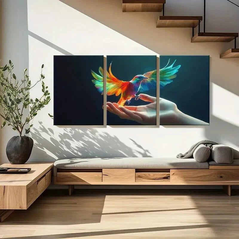3pcs Colorful Hummingbird Human Hand Animal Art Metal Print Ready to Hang Art - Bella Home Decor