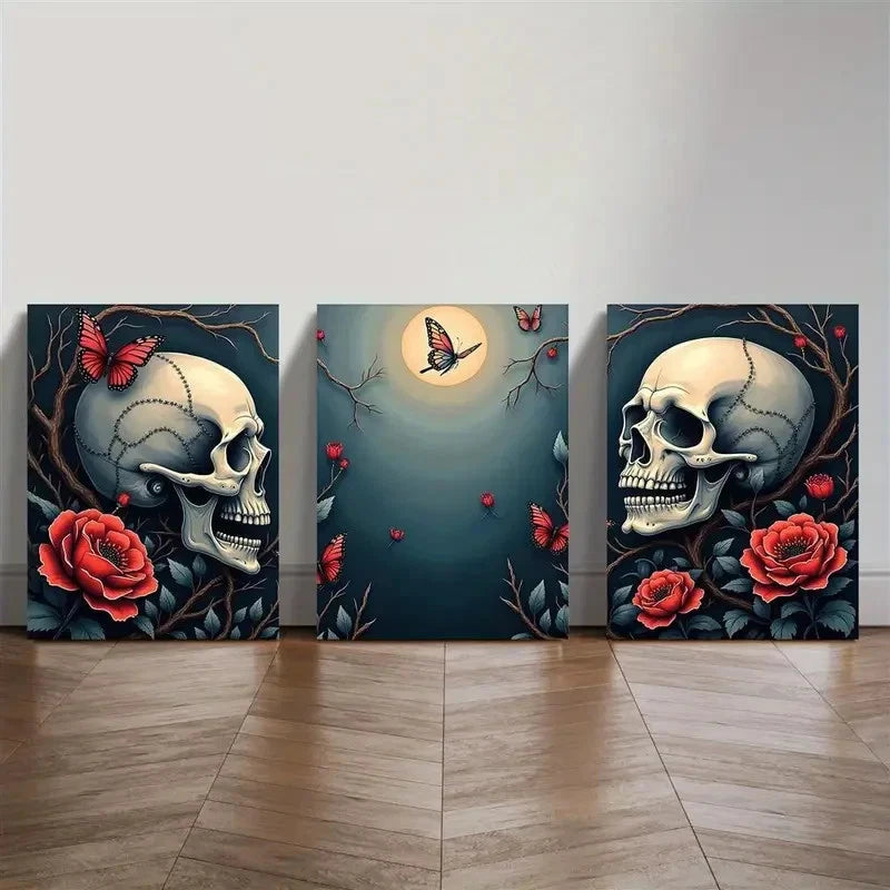 33pcs  Gothic Skull and Floral Moonlight   Wall Art Set Canvas Framed 50x70cm - High Quality Print 100% Australian Made Wall Canvas Ready to Hang - Bella Home Decor