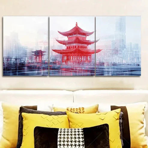 3pcs Chinese-style tower Traditional Wall Art Set Canvas Unframed - High Quality Print 100% Australian Made Wall Canvas - Bella Home Decor