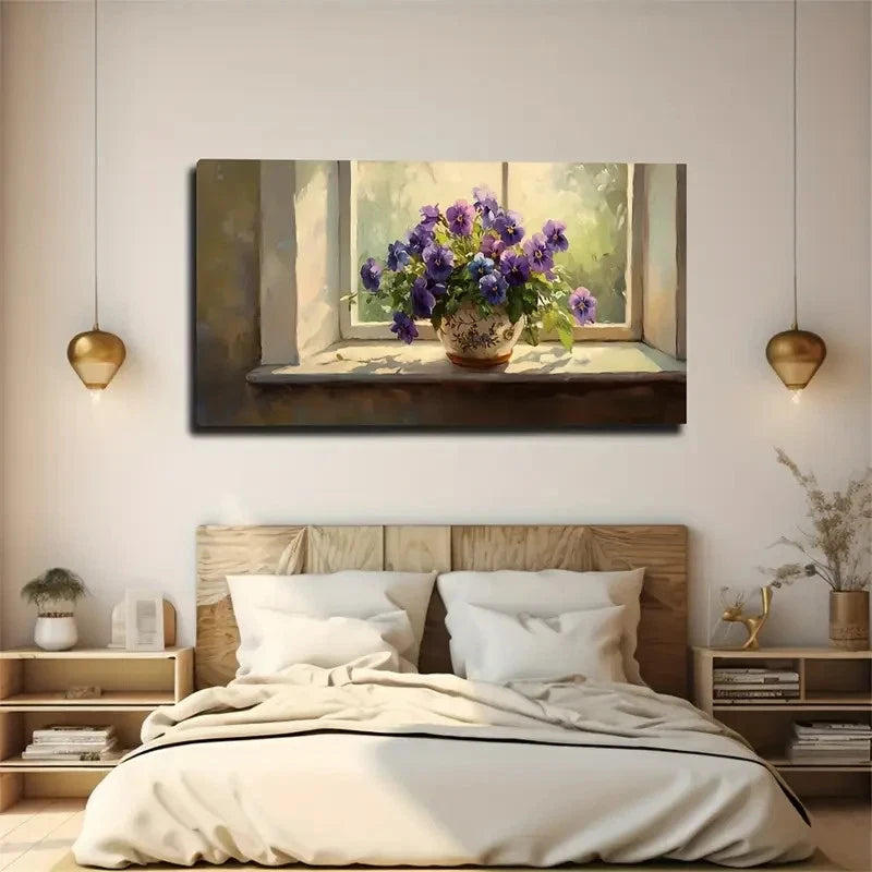Window View With Purple Flowers Wall Art Canvas Office Home Room Framed 120x60cm