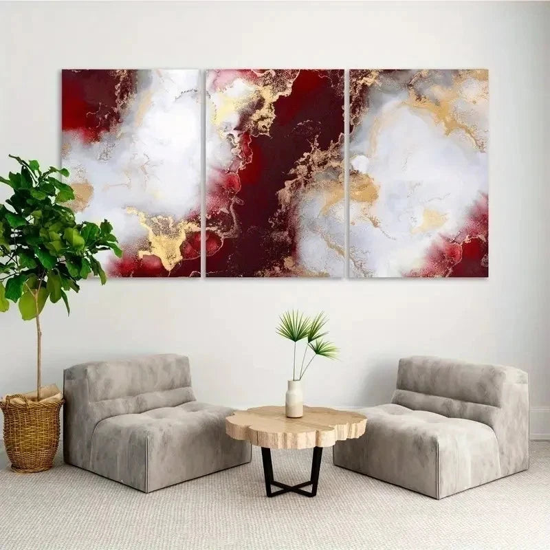 3pcs Elegant Red & Golden Abstract Triptych      Wall Art Set Canvas Framed 50x70cm - High Quality Print 100% Australian Made Wall Canvas Ready to Hang