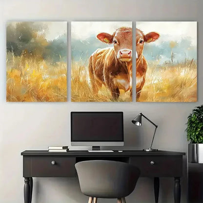 3pcs Rustic Cheerful Cow Illustration Wall Art Canvas Unframed - High Quality Print 100% Australian Made Wall Canvas