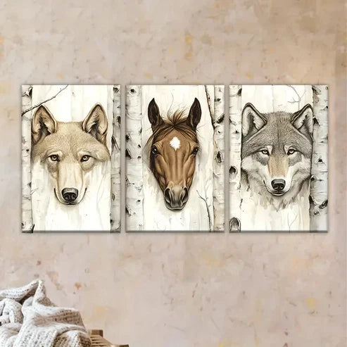 3pcs three wolves in birch trees Wall Art Set Canvas Unframed - High Quality Print 100% Australian Made Wall Canvas - Bella Home Decor
