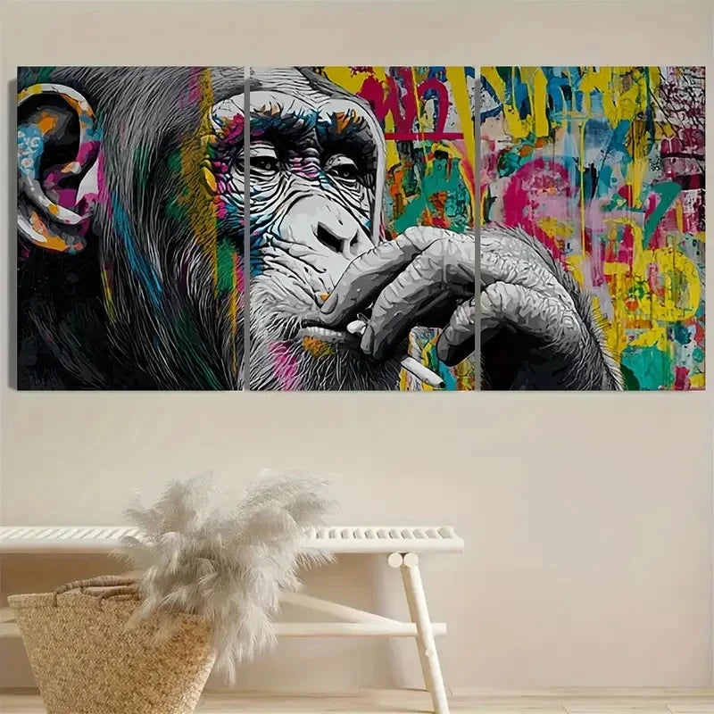 3pcs Graffiti Monkey Artwork Wall Art Set Canvas Framed 60x90cm - High Quality Print 100% Australian Made Wall Canvas Ready to Hang