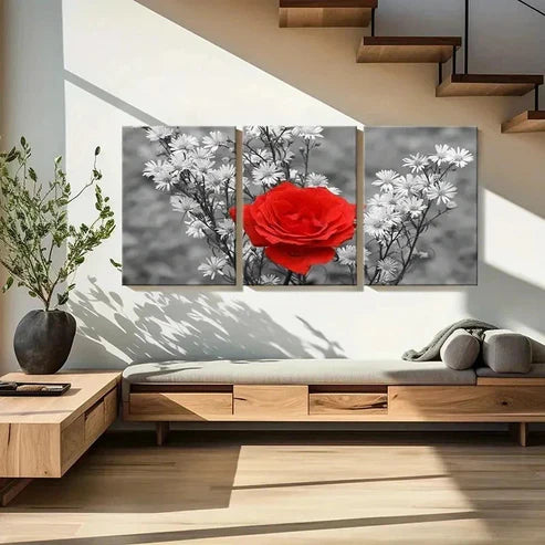 3pcs Red Roses Small Daisies Flower Wall Art Canvas Unframed - High Quality Print 100% Australian Made Wall Canvas