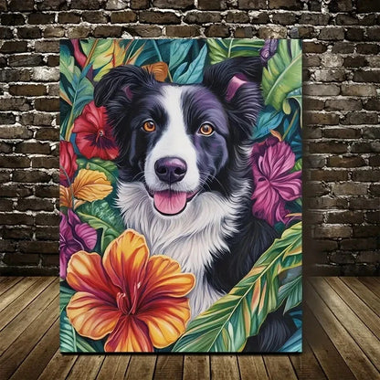 Beautiful Vibrant Border Collie Floral Painting 40x60cm Metal Print Ready to Hang - Bella Home Decor