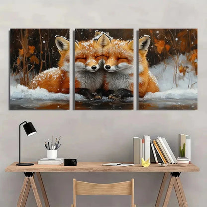 3pcs Winter Snowy Couple Foxes Metal Print Ready to Hang Art - Bella Home Decor