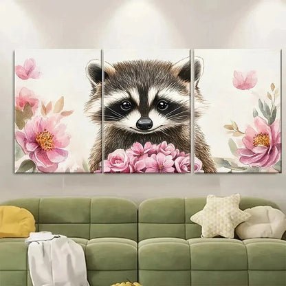3pcs Adorable Raccoon Watercolor Print D Wall A Wall Art Set Canvas Framed 40x60cm - High Quality Print 100% Australian Made Wall Canvas Ready to Hang - Bella Home Decor