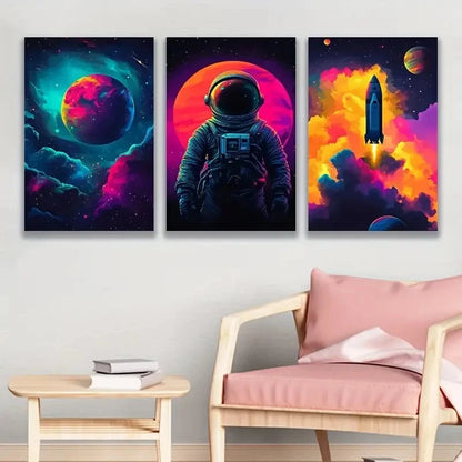 3pcs Astronaut In Space With Neon Hued Planet Wall Art Set Canvas Framed 40x60cm - High Quality Print 100% Australian Made Wall Canvas Ready to Hang - Bella Home Decor