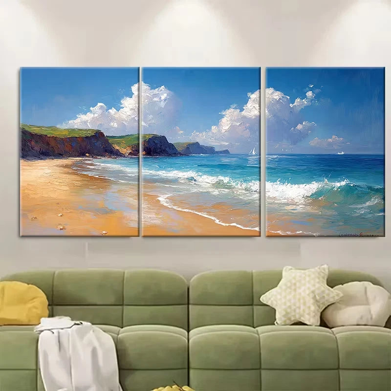 3pcs Cornish Coastline Painting Metal Print Ready to Hang Art - Bella Home Decor