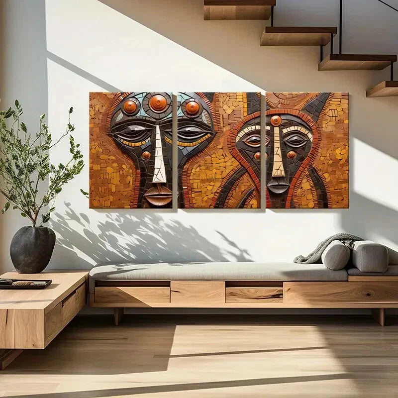 3pcs Abstract Tribal Faces Mosaic Ethnic Art Metal Print Ready to Hang Art - Bella Home Decor
