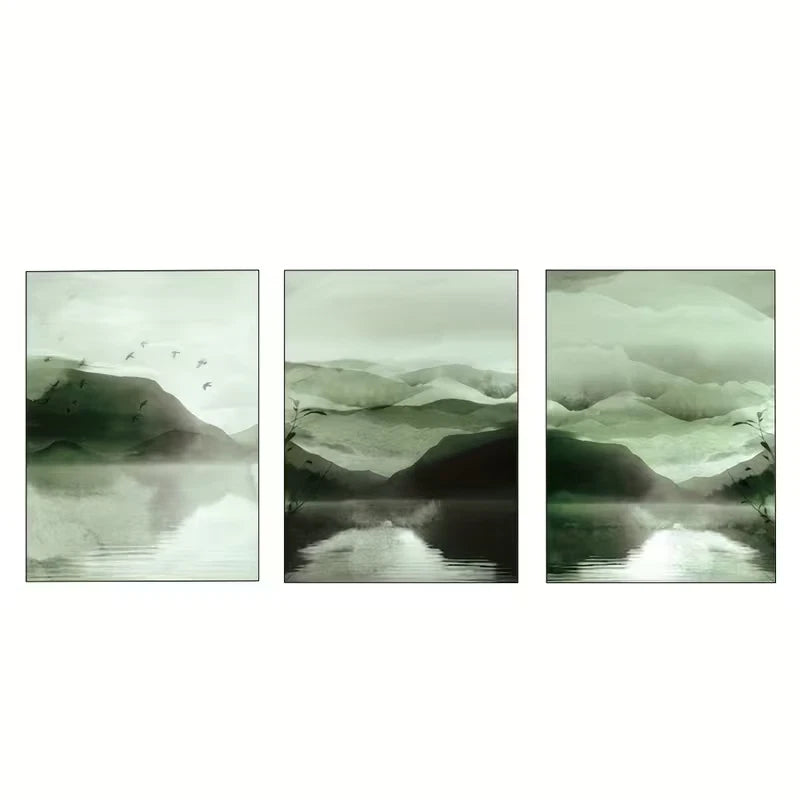 3pcs Green Watercolor Landscape Abstract  Wall Art Set Canvas Framed 40x60cm - High Quality Print 100% Australian Made Wall Canvas Ready to Hang