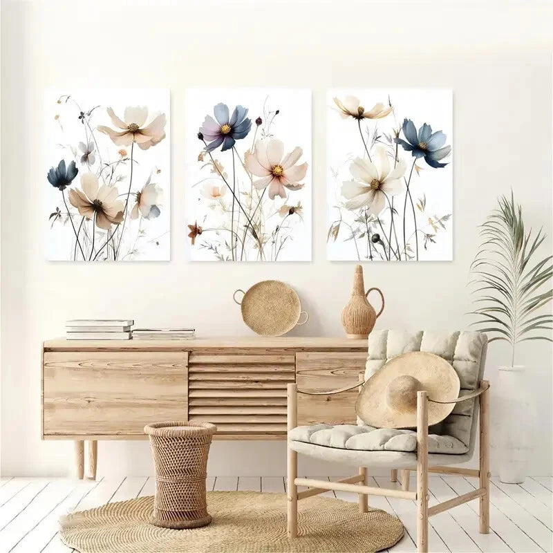 3pcs Watercolor Neutral Sober Botanical Flowers Metal Print Ready to Hang Art