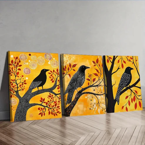 3pcs The psychic crow In Yellow Background Wall Art Set Canvas Unframed - High Quality Print 100% Australian Made Wall Canvas